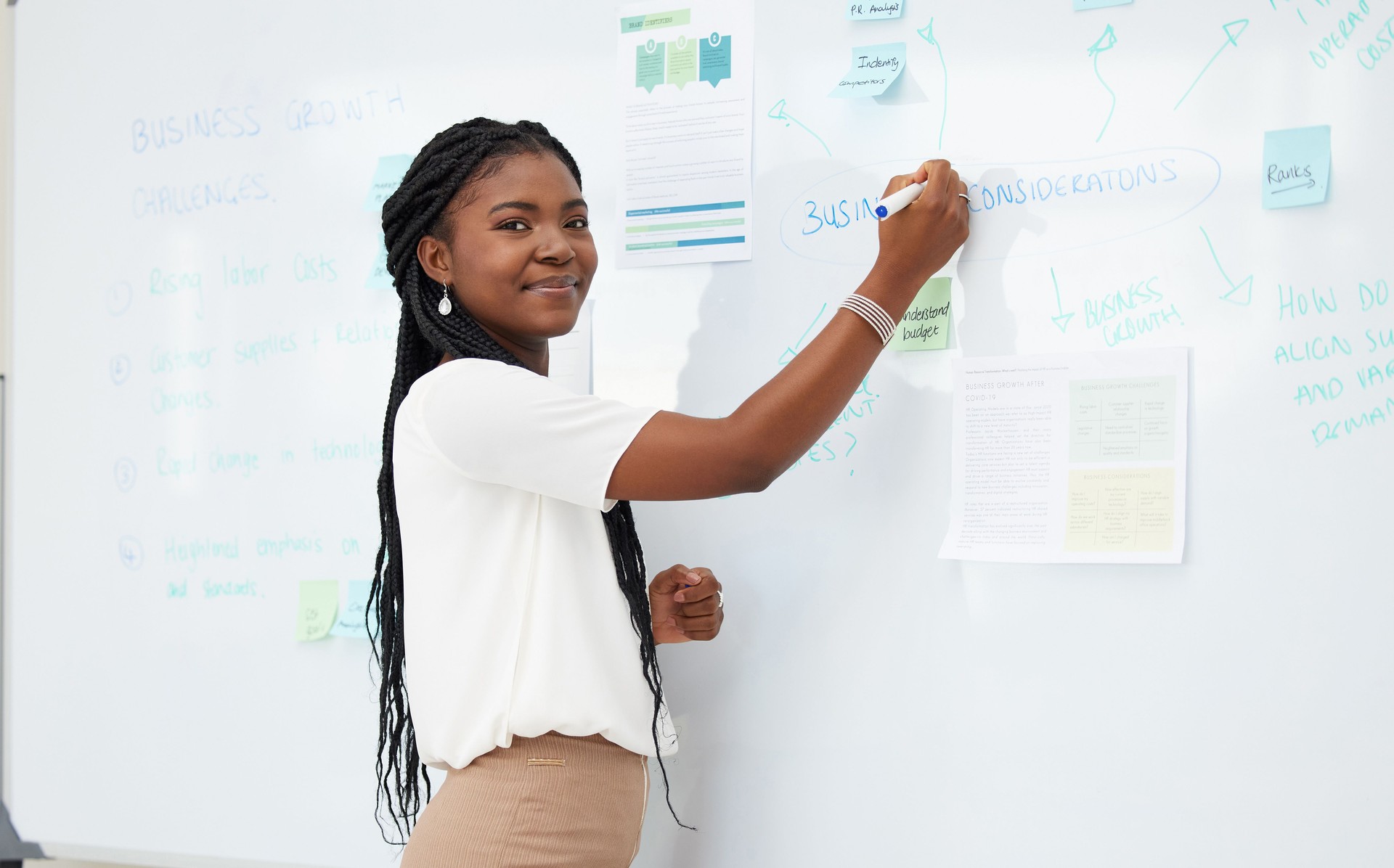 Shot of a young businesswoman writing on a whiteboard at work